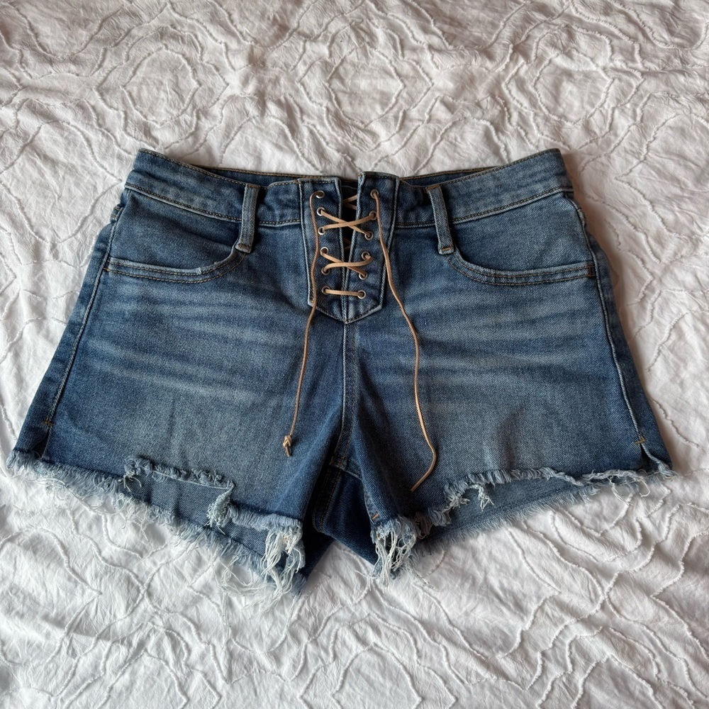 No Boundaries Blue Jean Shorts Cut-Off Style Lace up Bow